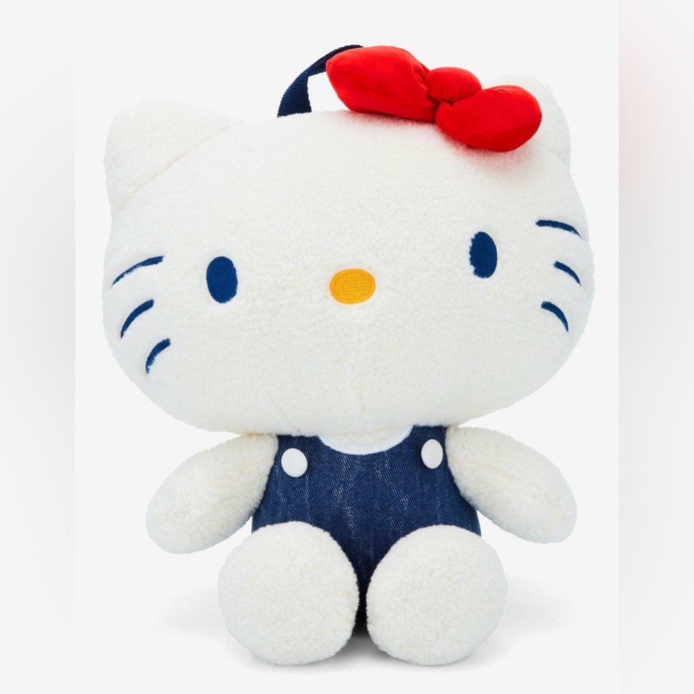 Hello Kitty White and Blue Denim Plush Backpack With Red Bow NWT